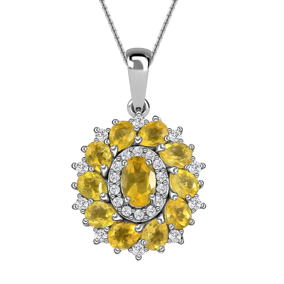 Tanzanian Canary Opal Necklace in Platinum Plated Sterling Silver, White Zircon Floral Pendant, Opal Flower Necklace, Birthday Gifts 1.75 ctw (20 Inches)