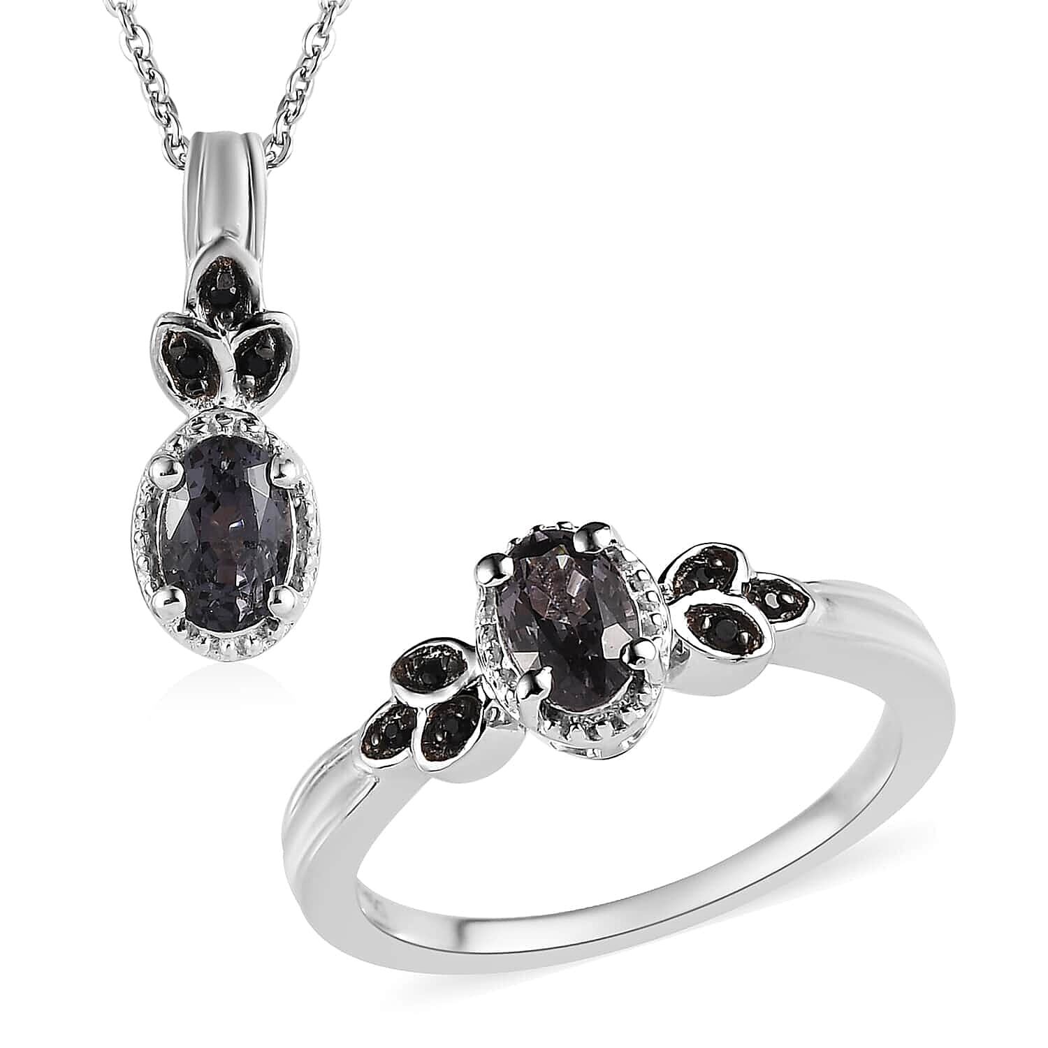 Platinum Spinel, Thai Black Spinel Ring (Size 5.0) and Pendant Necklace (20 Inches) in Platinum Over Sterling Silver 1.20 ctw