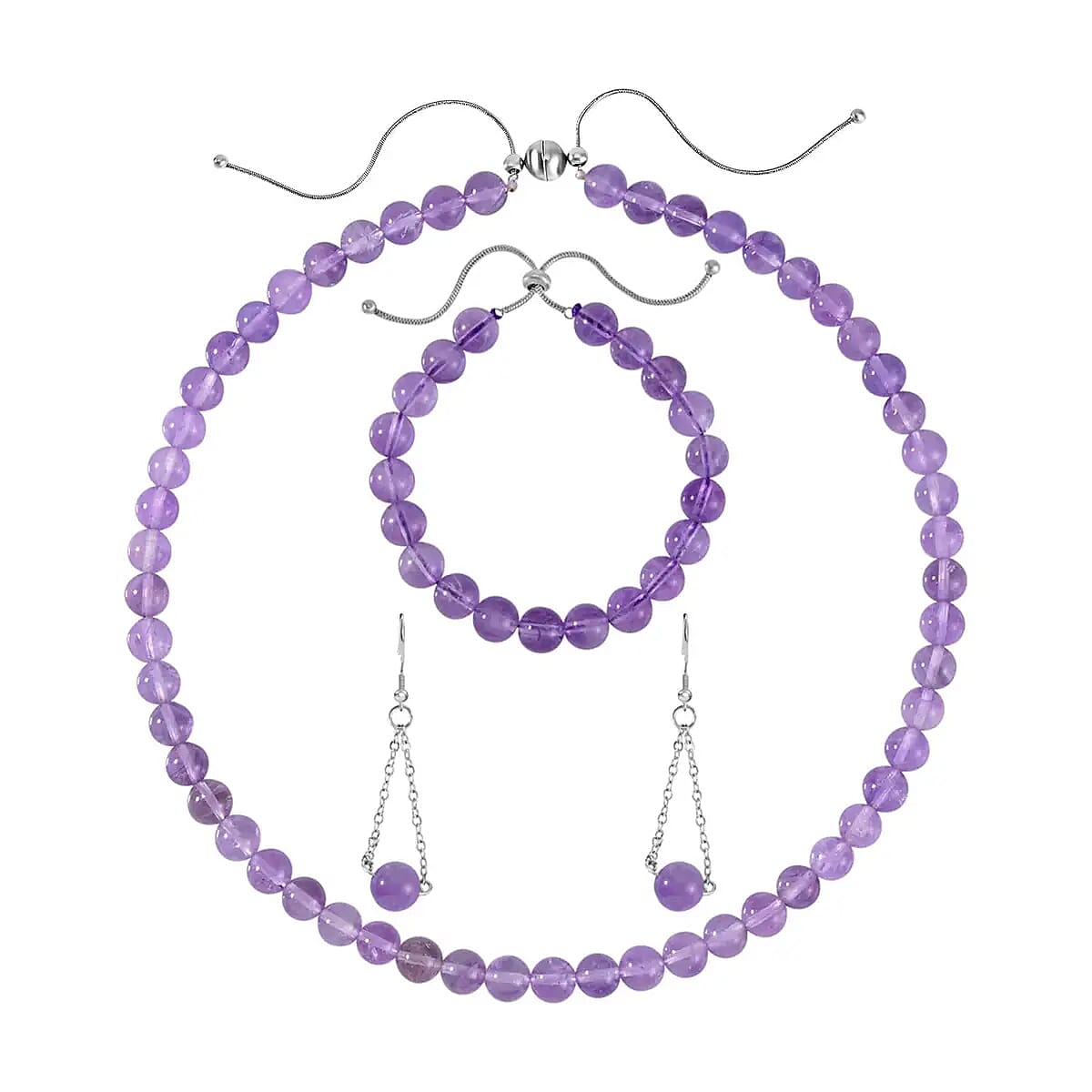Lavender Amethyst and African Amethyst Dangle Earrings, Bolo Bracelet and Beaded Necklace 18 Inches in Stainless Steel 256.55 ctw