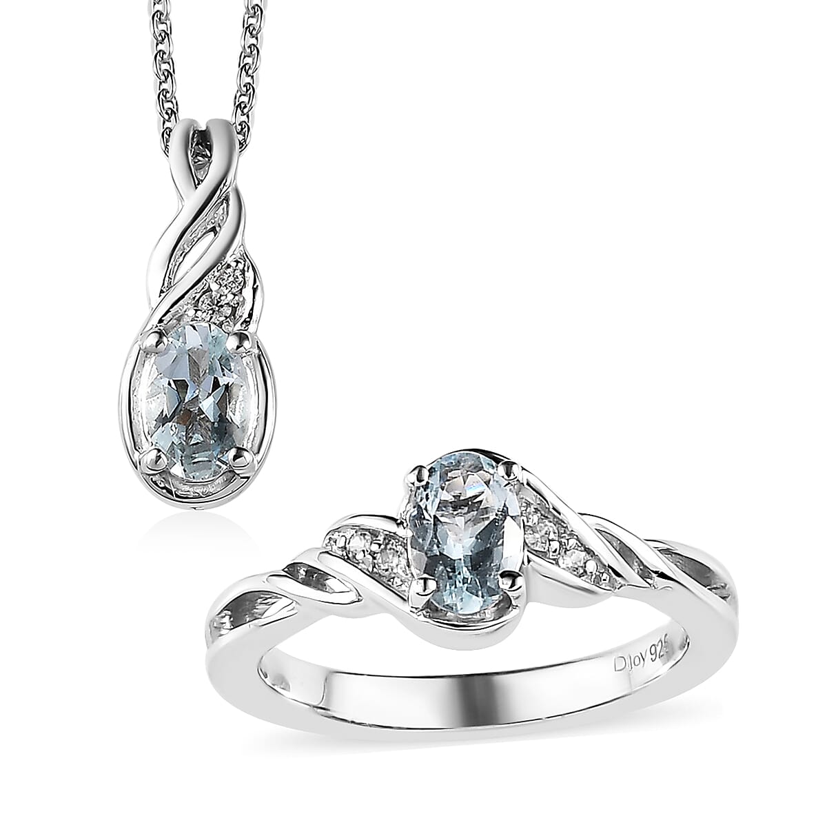 Premium Madagascar Aquamarine, White Zircon Ring (Size 5.0) and Pendant Necklace (20 Inches) in Platinum Over Sterling Silver 0.90 ctw