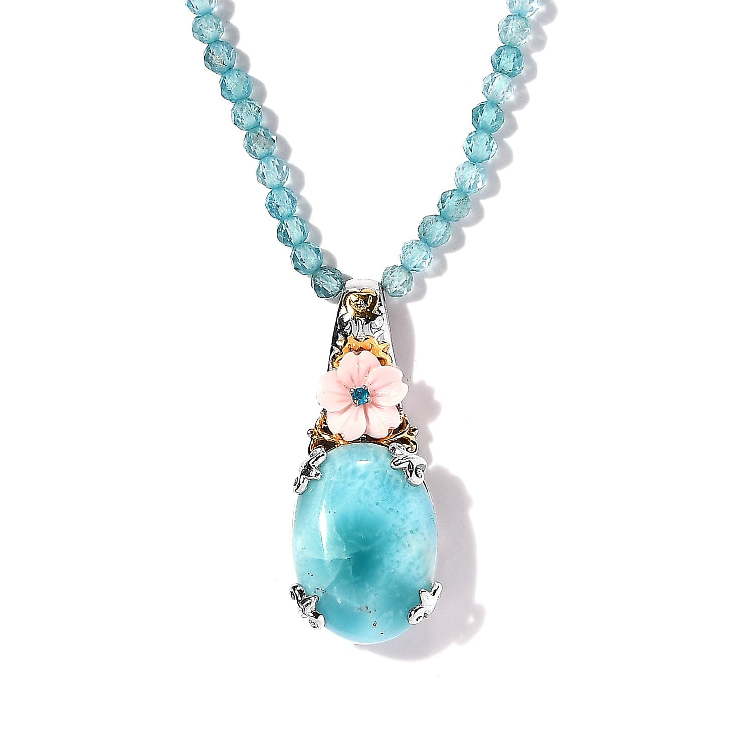 Larimar, Multi Gemstone Pendant with Beaded Necklace (18 Inches) in Platinum Over Sterling Silver 83.75 ctw