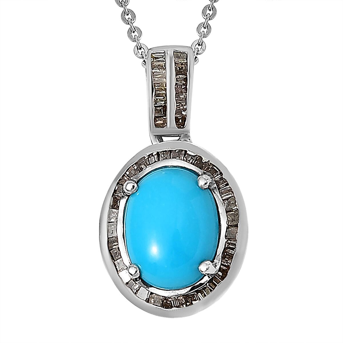 Sleeping Beauty Turquoise and Natural Champagne Diamond Halo Pendant Necklace 20 Inches in Platinum Over Sterling Silver 1.70 ctw