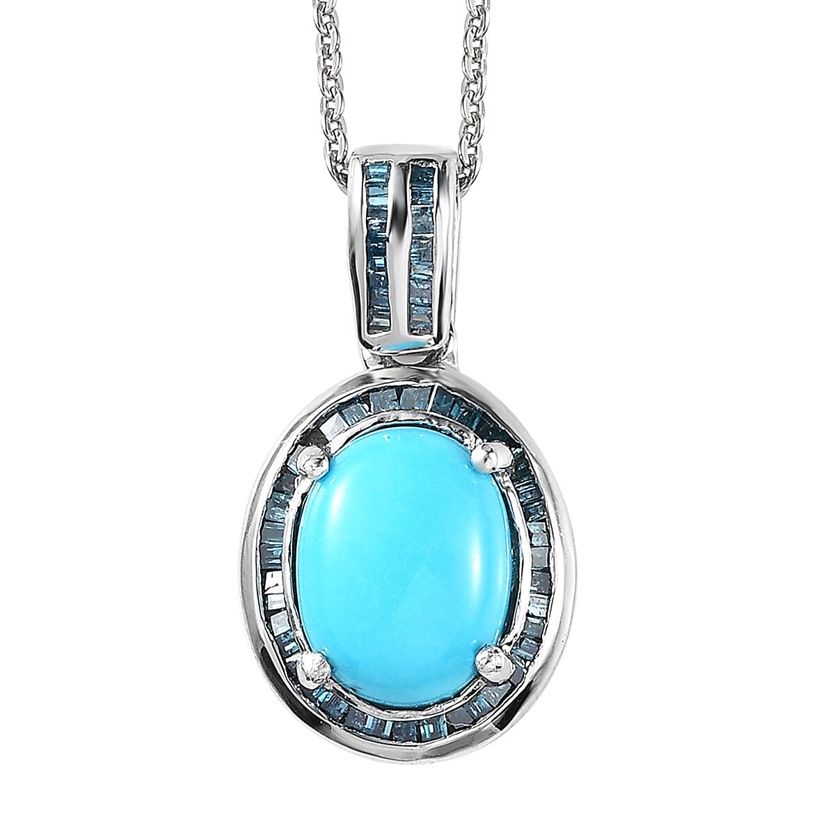 Sleeping Beauty Turquoise and Blue Diamond Halo Pendant Necklace 20 Inches in Platinum Over Sterling Silver 1.90 ctw