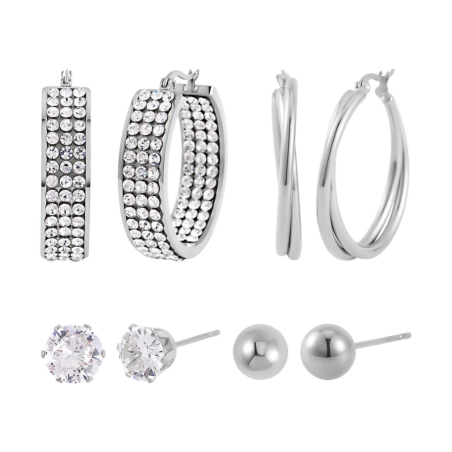 Set of 4 pairs Simulated Diamod, Austrian Crystal Hoops and Stud Earrings in Stainless Steel