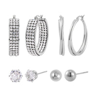 Set of 4 pairs Simulated Diamod, Austrian Crystal Hoops and Stud Earrings in Stainless Steel