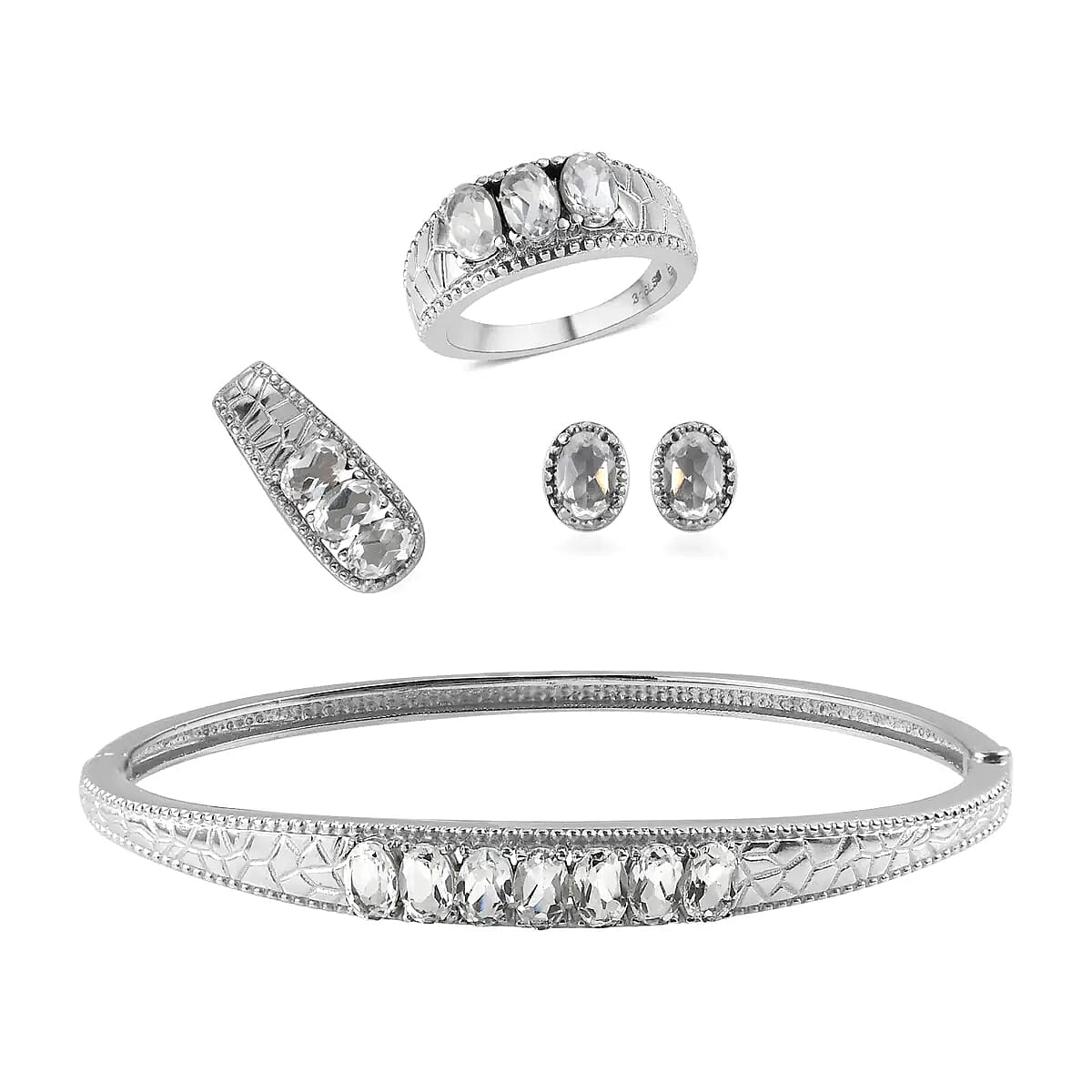 Doorbuster White Topaz Bangle Bracelet (7.25In), 3 Stone Ring (Size 7.00), Pendant and Stud Earrings in Stainless Steel 9.10 ctw