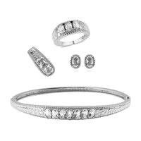 Doorbuster White Topaz Bangle Bracelet (7.25In), 3 Stone Ring (Size 7.00), Pendant and Stud Earrings in Stainless Steel 9.10 ctw