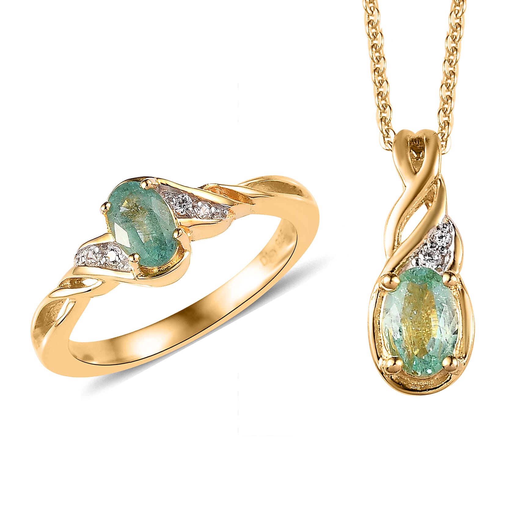 Ethiopian Emerald, White Zircon Ring and Pendant Necklace 20 Inches in Vermeil Yellow Gold Over Sterling Silver 0.90 ctw