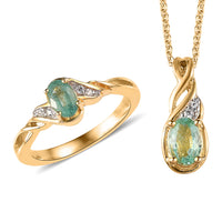 Ethiopian Emerald, White Zircon Ring and Pendant Necklace 20 Inches in Vermeil Yellow Gold Over Sterling Silver 0.90 ctw