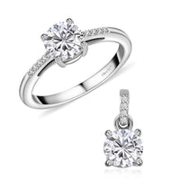 100 Facet Moissanite (Round 6mm) Solitaire Ring and Pendant without Chain in Platinum Over Sterling Silver 1.65 ctw