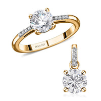100 Facet Moissanite (Rnd 6mm) Ring (Size 5.0) and Pendant in Vermeil YG Over Sterling Silver 1.50 ctw