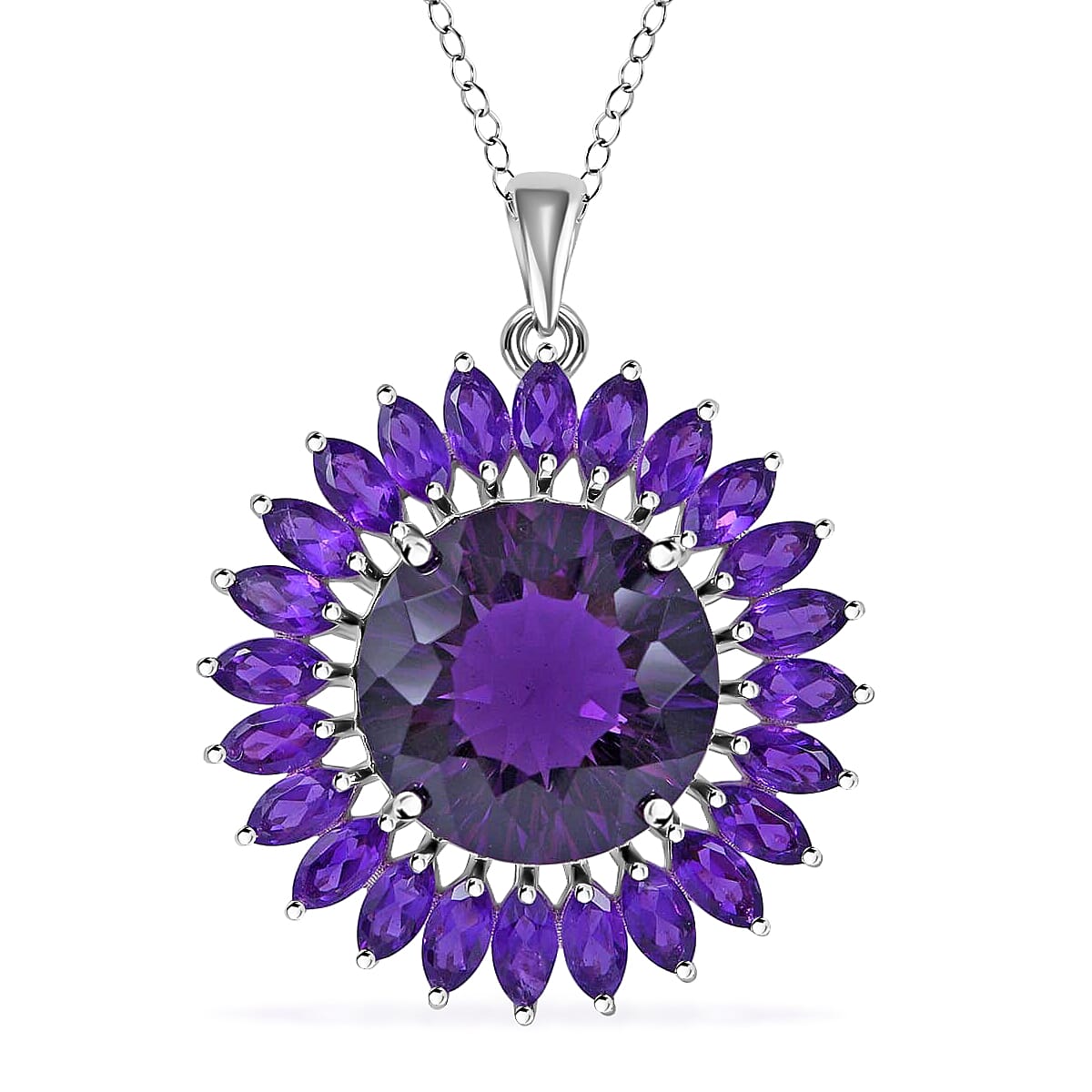 120 Facets African Amethyst Sunflower Pendant Necklace 18 Inches in Platinum Over Sterling Silver 13.40 ctw