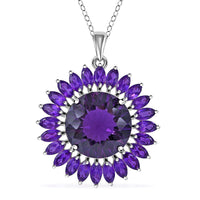 120 Facets African Amethyst Sunflower Pendant Necklace 18 Inches in Platinum Over Sterling Silver 13.40 ctw
