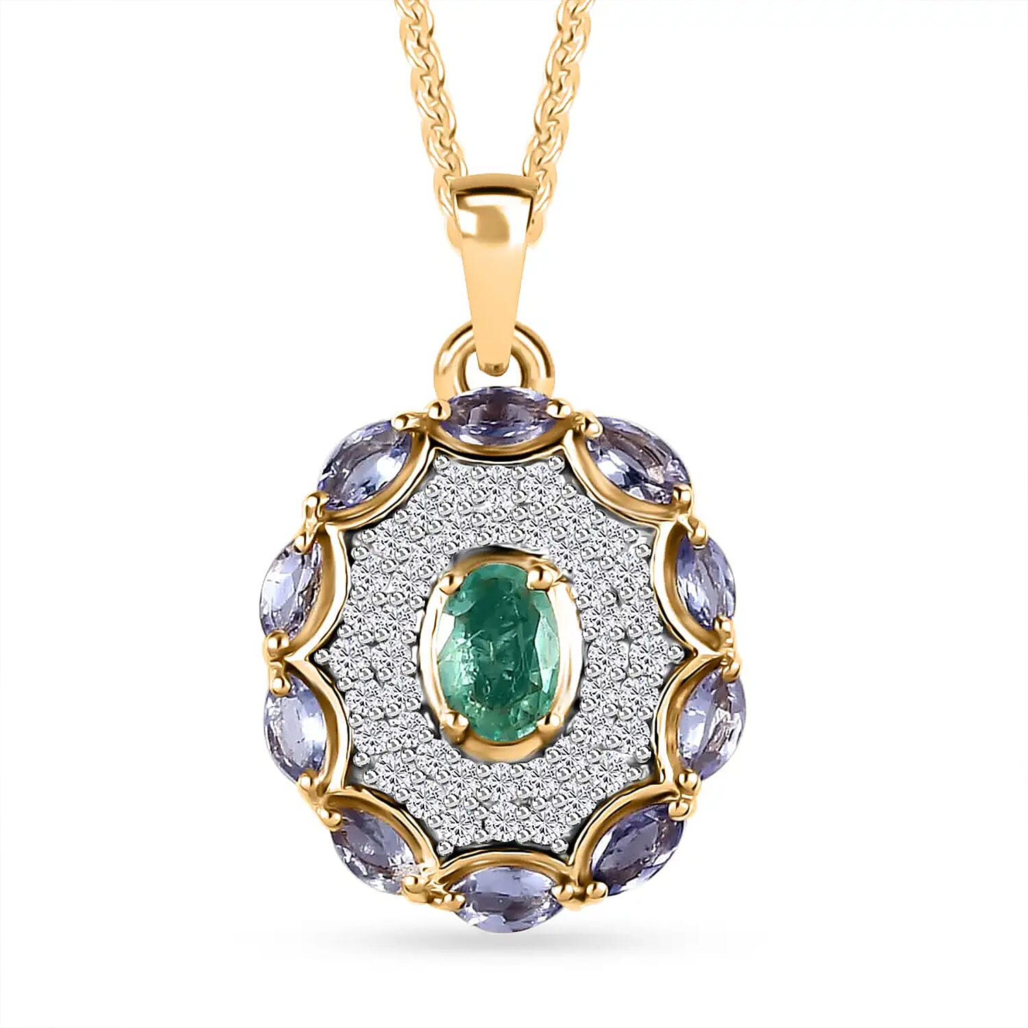 Ethiopian Emerald and Multi Gemstone Pendant Necklace 20 Inches in Vermeil Yellow Gold Over Sterling Silver 1.60 ctw
