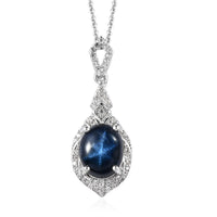 Blue Star Sapphire (DF) and White Zircon Necklace 20 Inches in Platinum Over Sterling Silver 4.50 ctw