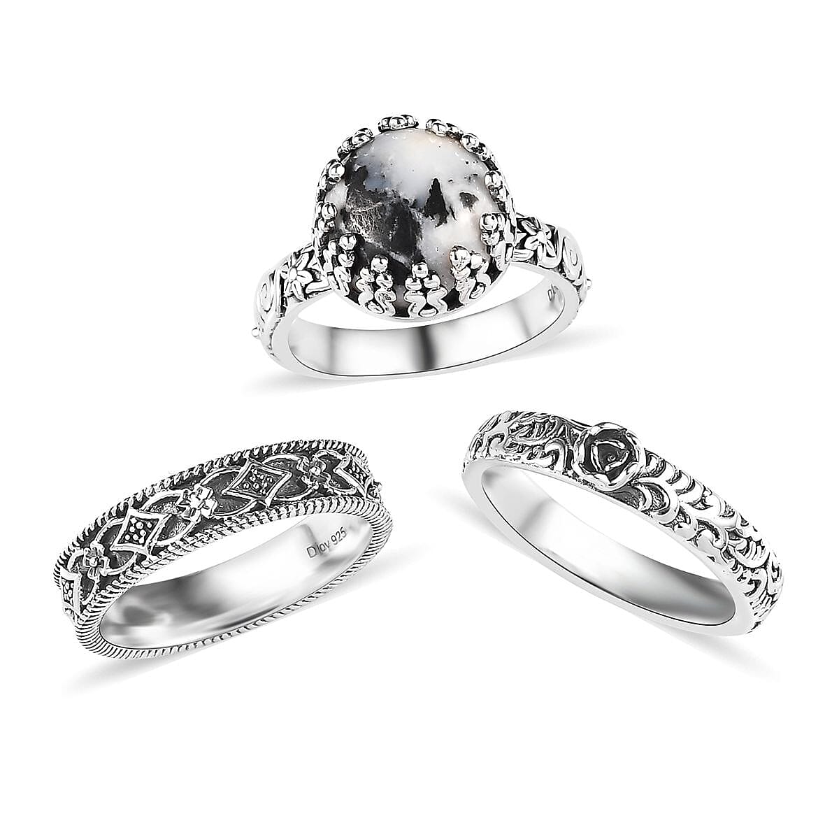 Artisan Crafted White Buffalo Set of 3 Stackable Ring in Sterling Silver 4.10 ctw