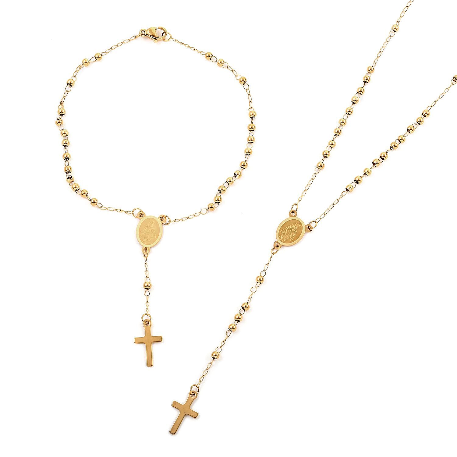Cross Necklace 18 Inches and Bracelet (9In) in ION Plated YG Stainless Steel