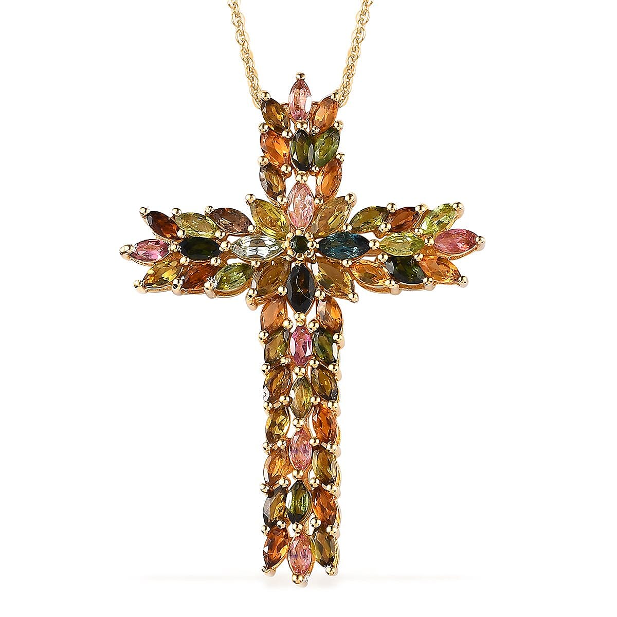 Premium Multi-Tourmaline Pendant Necklace 20 Inches in Vermeil Yellow Gold Over Sterling Silver 6.85 ctw