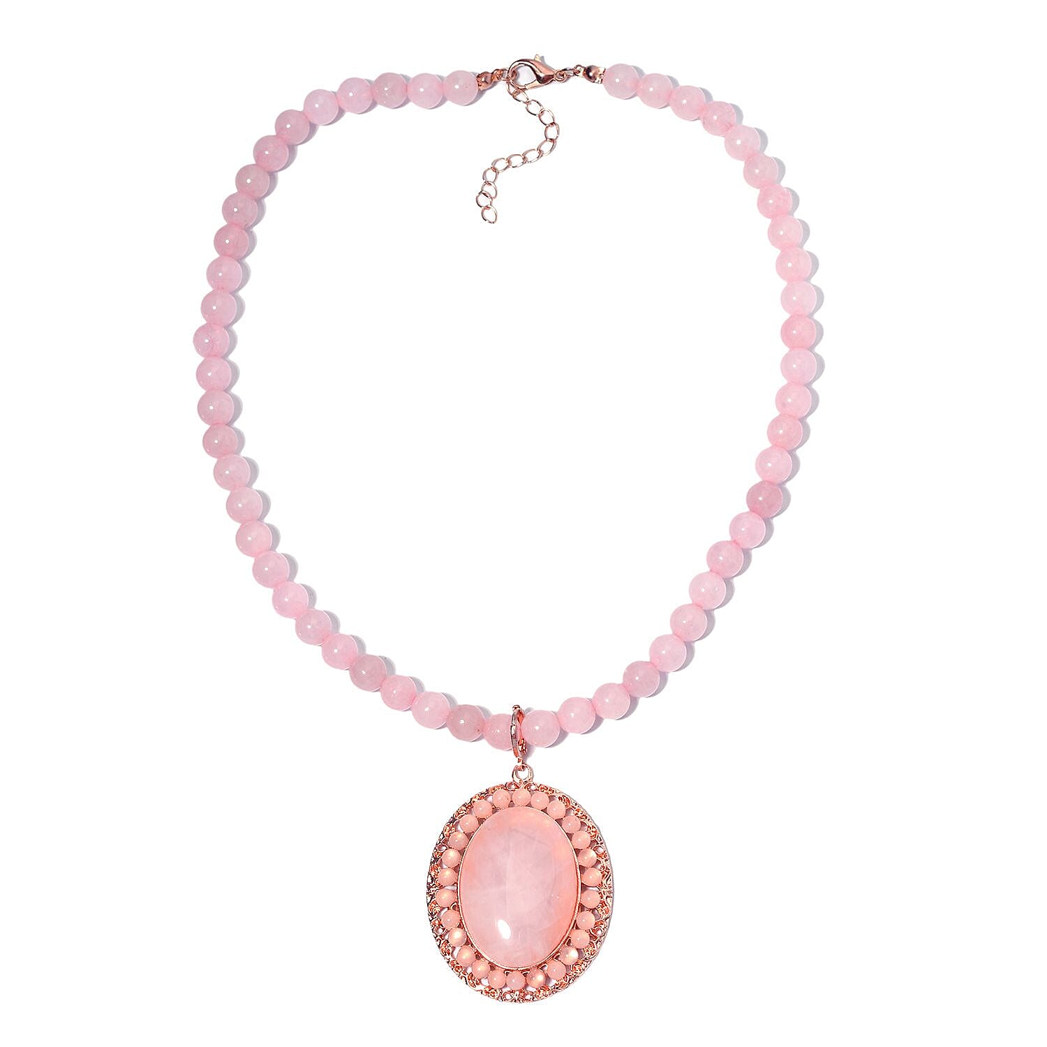 Galilea Rose Quartz Halo Pendant with Beaded Necklace 18-20 Inches in Rosetone 295.00 ctw