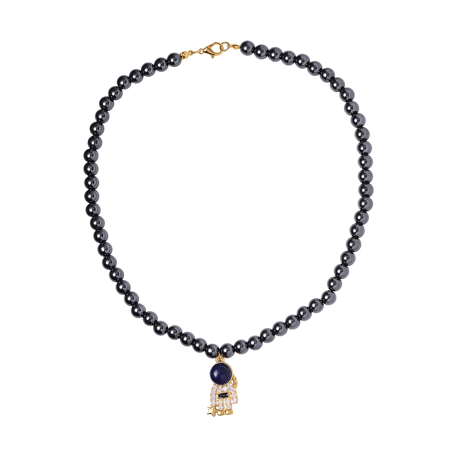 Lapis Lazuli and Simulated Diamond Spaceman Pendant with Hematite Beaded Necklace 20 Inches in Silvertone 426.00 ctw