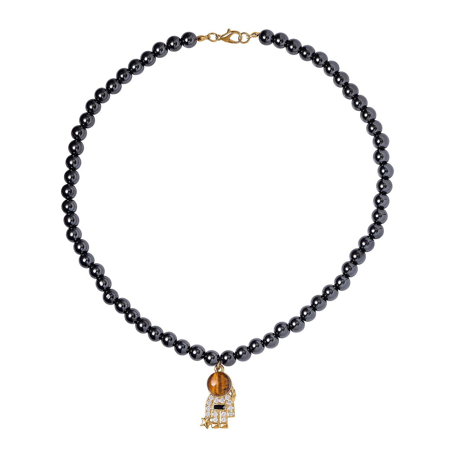 Lapis Lazuli and Simulated Diamond Spaceman Pendant with Hematite Beaded Necklace 20 Inches in Silvertone 426.00 ctw