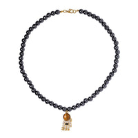 Lapis Lazuli and Simulated Diamond Spaceman Pendant with Hematite Beaded Necklace 20 Inches in Silvertone 426.00 ctw
