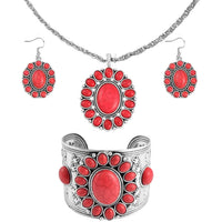 Blue Howlite Floral Cuff Bracelet (7.50-8.50 In), Earrings and Pendant Necklace 26-30 Inches in Silvertone 71.00 ctw