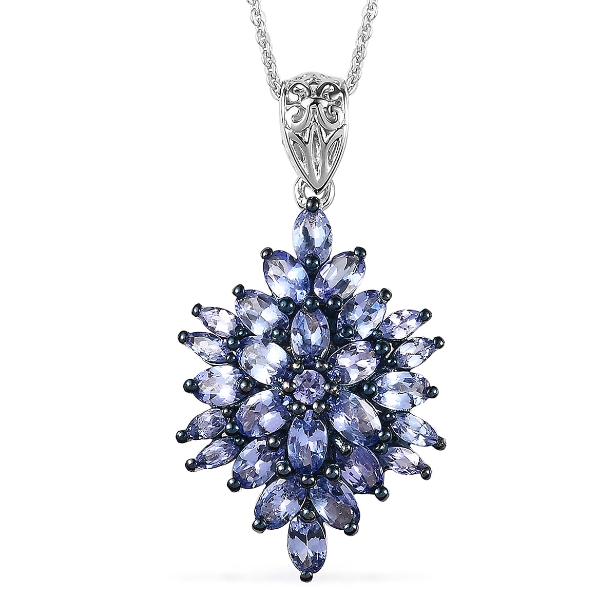 Tanzanite 4.70 ctw Floral Spray Pendant Necklace in Platinum Over Sterling Silver 20 Inches