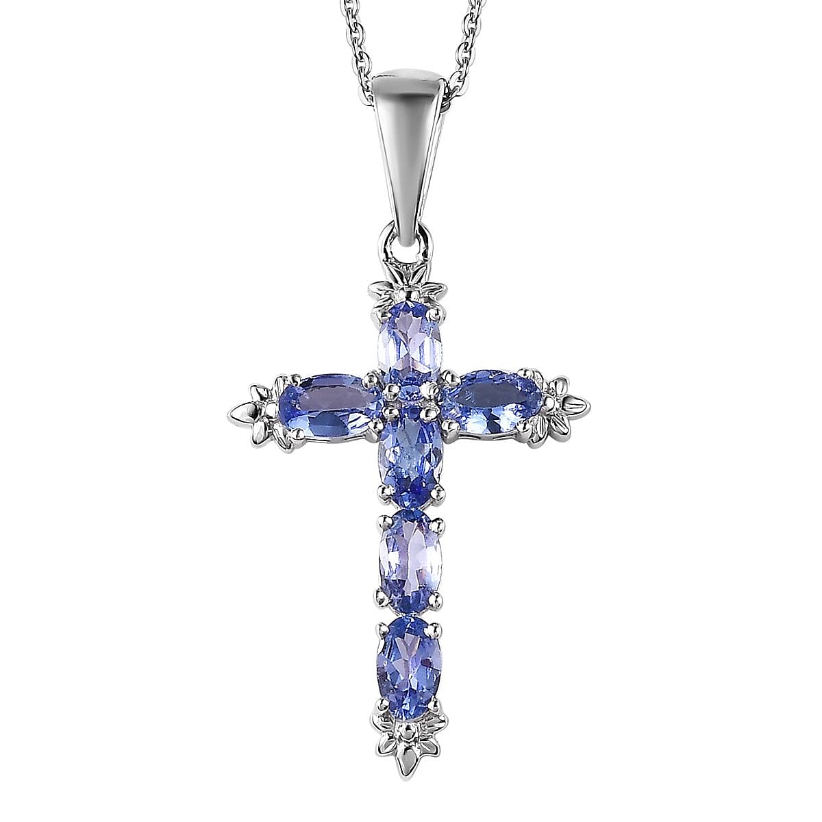 Tanzanite Cross Pendant Necklace (20 Inches) in Platinum Over Sterling Silver 1.40 ctw