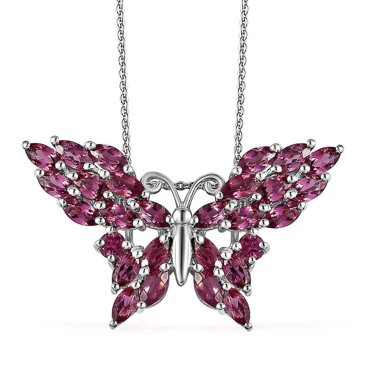 Tanzanian Rhodolite Garnet Butterfly Pendant Necklace 20 Inches in Platinum Over Sterling Silver 4.90 ctw
