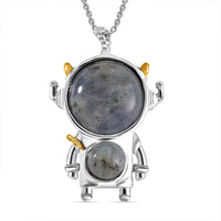 Blue Tigers Eye Spaceman Pendant in Dualtone with Stainless Steel Chain 24 Inches 46.50 ctw