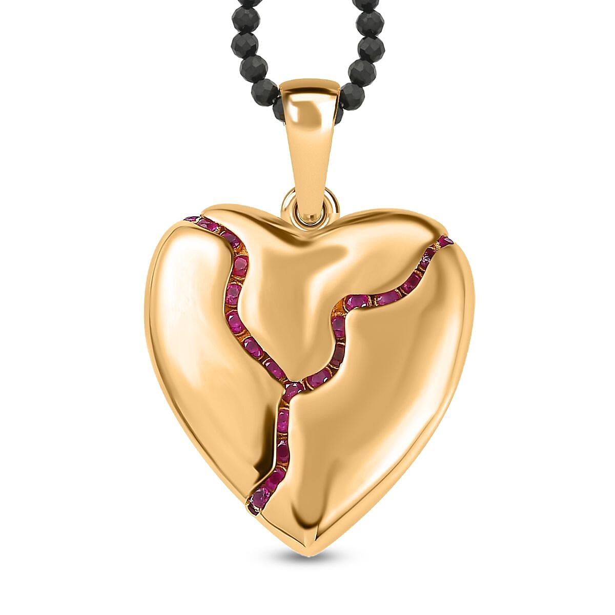 Ruby Heart Pendant with Thai Black Spinel Beaded Necklace (20 Inches) in Vermeil YG Over Sterling Silver 75.55 ctw