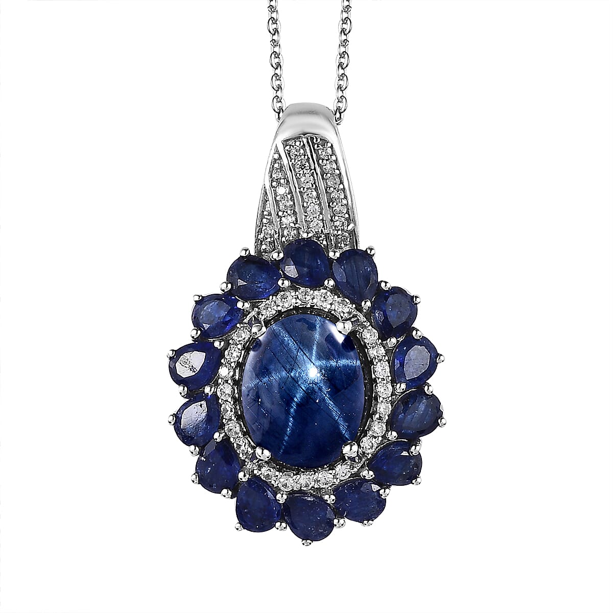 Blue Star Sapphire (DF) and Multi Gemstone Floral Pendant Necklace 20 Inches in Platinum Over Sterling Silver 9.60 ctw