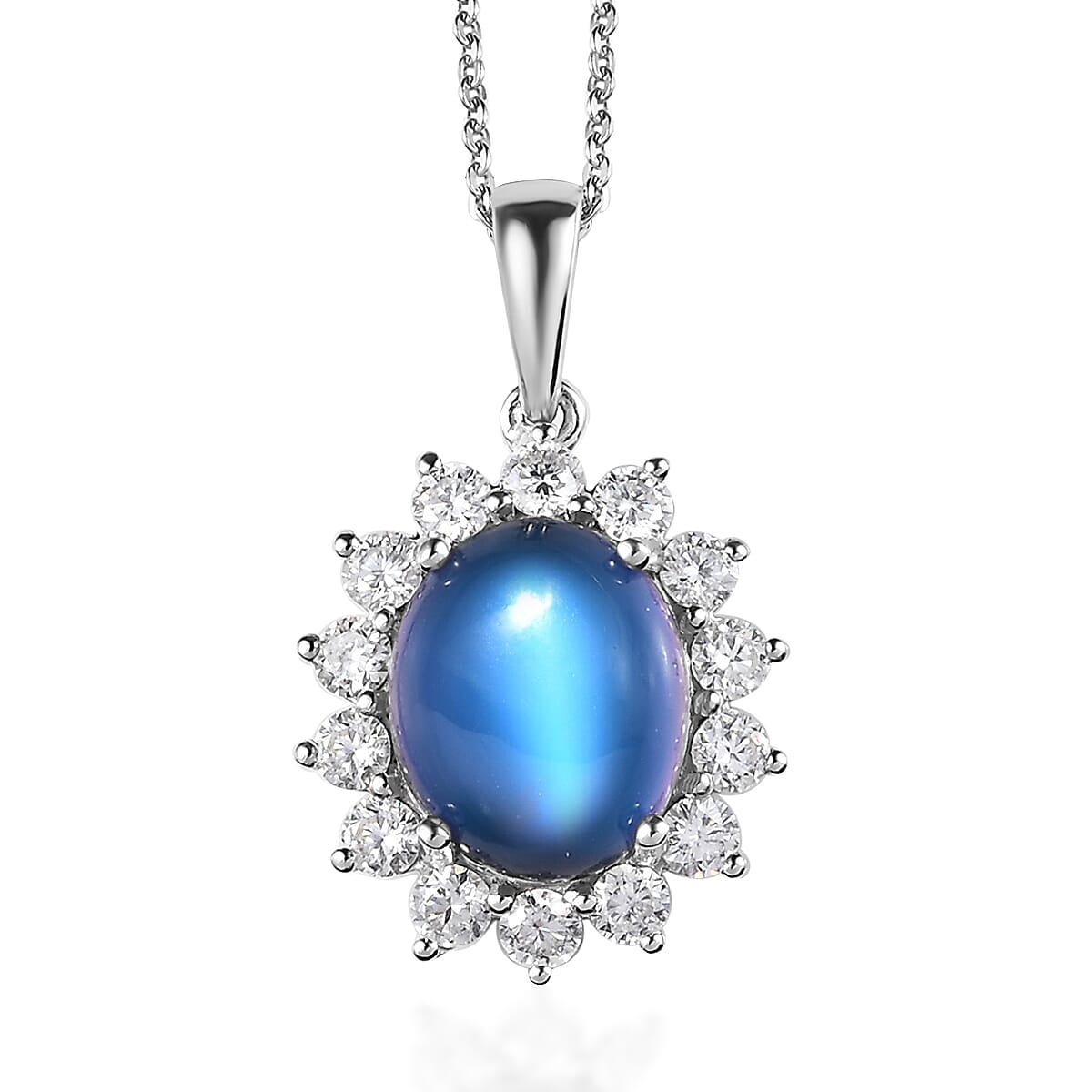 Doorbuster Aurora Moonstone, Moissanite Sunburst Pendant Necklace (20 Inches) in Platinum Over Sterling Silver 4.70 ctw