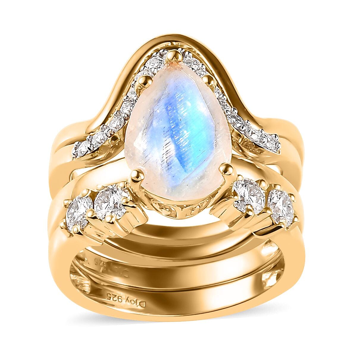 Rainbow Moonstone and Moissanite Set of 4 Stackable Ring in Vermeil Yellow Gold Over Sterling Silver (Size 6) 3.60 ctw