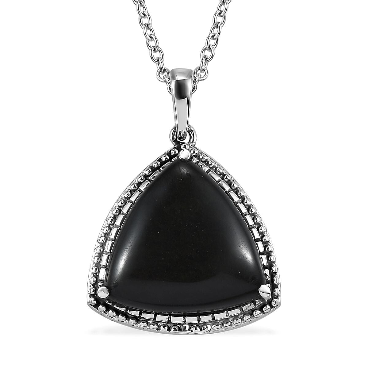 Mexican Velvet Obsidian Trillion Shape Pendant Necklace 20 Inches in Stainless Steel 6.85 ctw