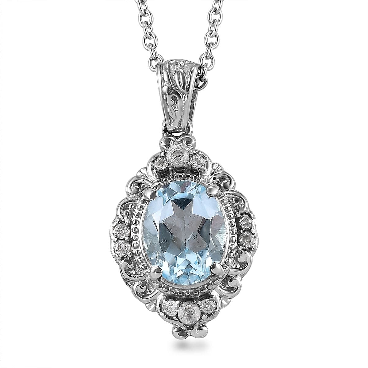 Sky Blue Topaz, White Zircon Pendant Necklace (20 Inches) in Stainless Steel 3.52 ctw