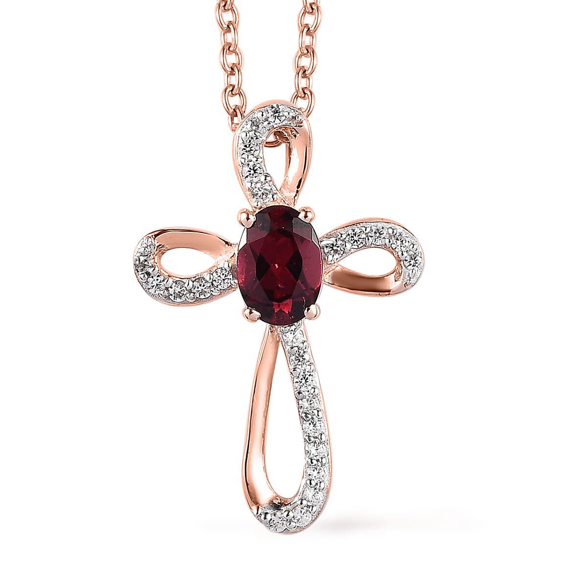 Tanzanian Rhodolite Garnet Cross Pendant Necklace 20 Inches in Vermeil Rose Gold Over Sterling Silver 1.20 ctw