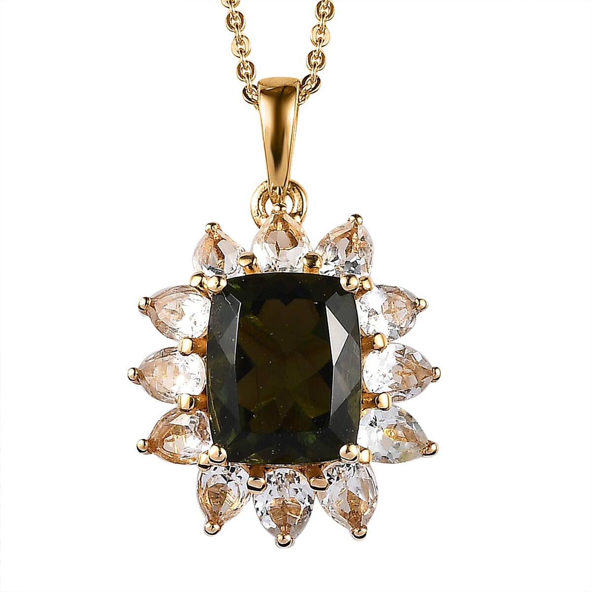 Premium Bohemian Moldavite and White Topaz Sunflower Pendant Necklace 20 Inches in Vermeil Yellow Gold Over Sterling Silver 5.10 ctw