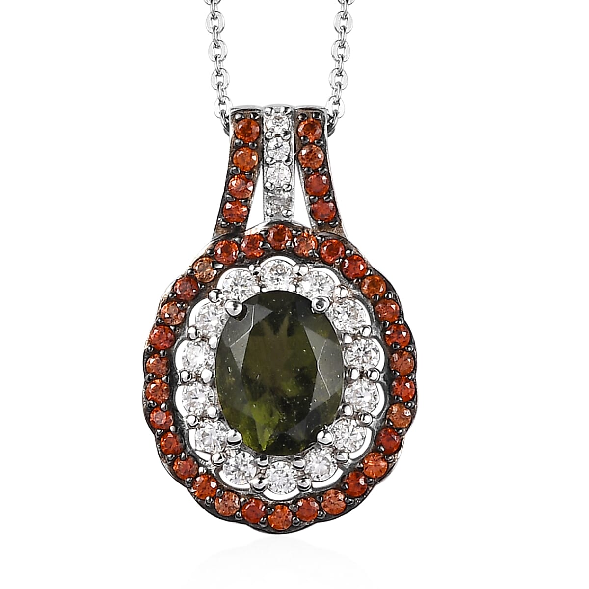 Premium Bohemian Moldavite, Multi Gemstone Double Halo Pendant Necklace 20 Inches in Rhodium and Platinum Over Sterling Silver 3.00 ctw