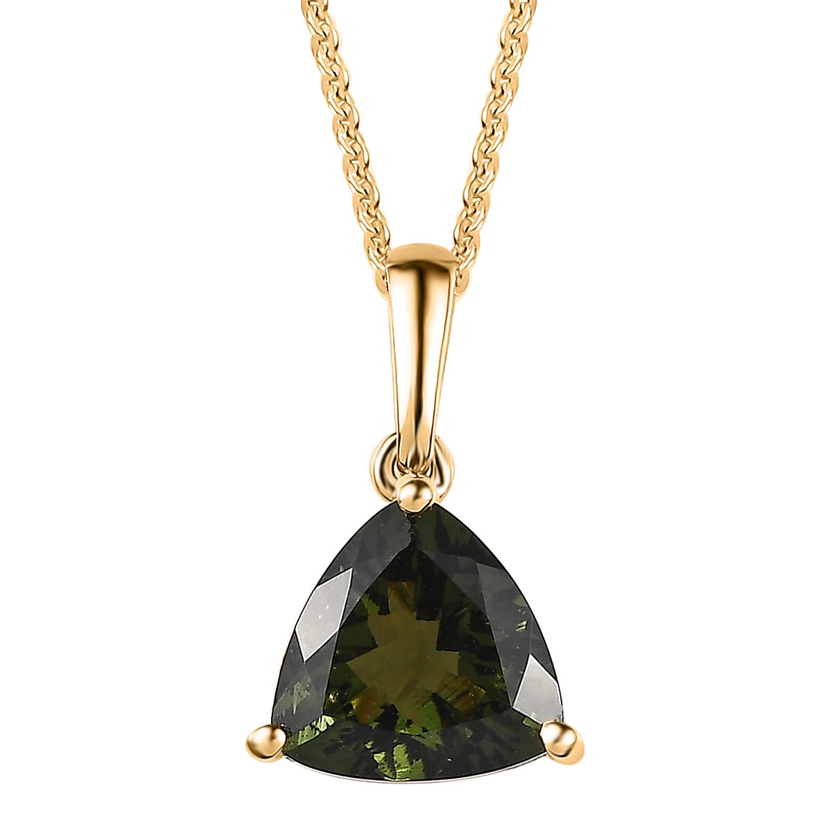 Premium Bohemian Moldavite Solitaire Pendant Necklace 20 Inches in Vermeil Yellow Gold Over Sterling Silver 2.20 ctw