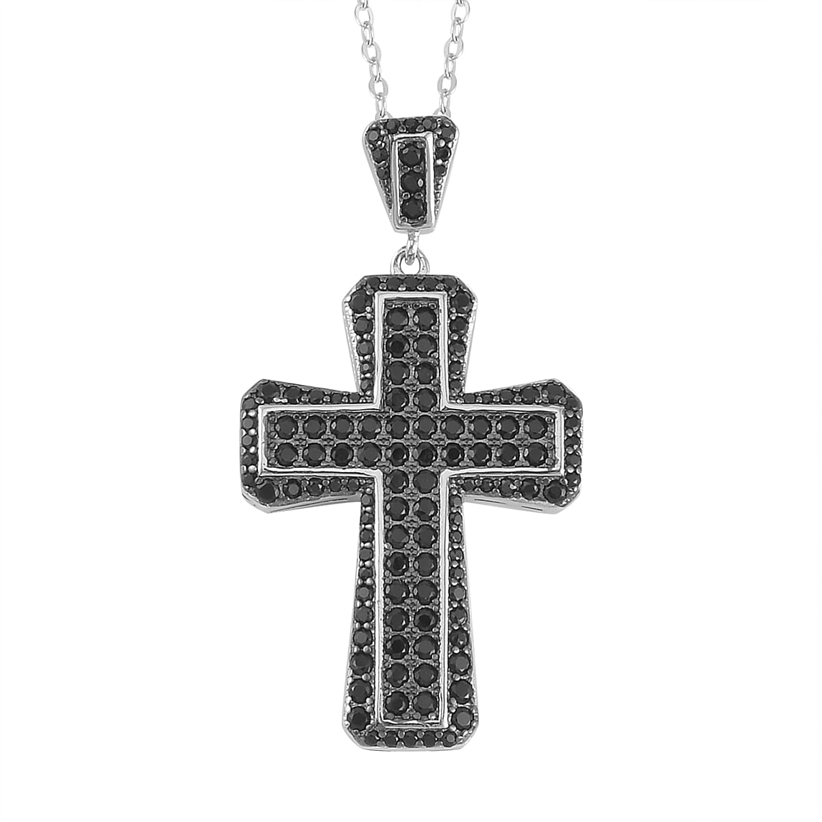 Doorbuster Thai Black Spinel and White Zircon Reversiable Cross Pendant Necklace 20 Inches in Rhodium Over Sterling Silver 2.25 ctw