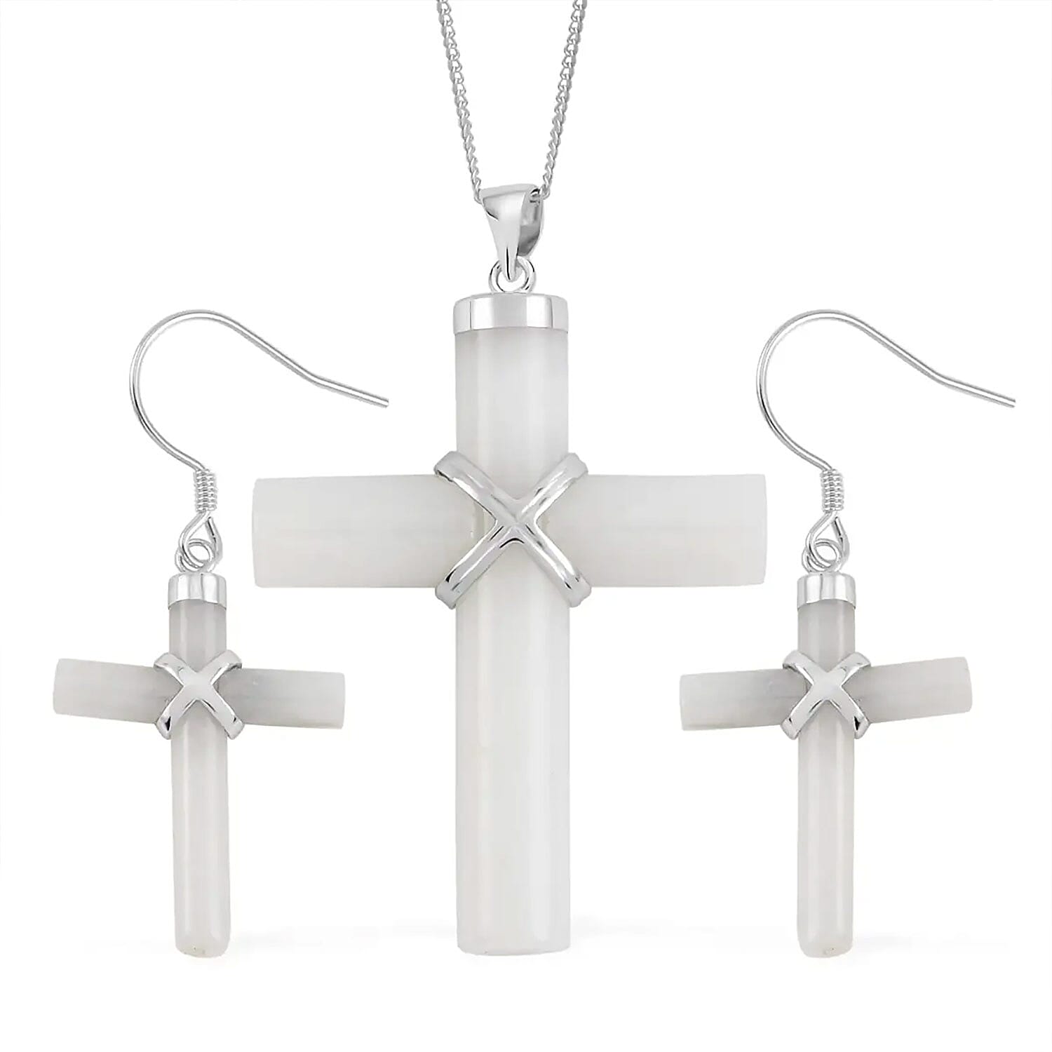 Doorbuster White Jade Cross Earrings and Pendant Necklace 18 Inches in Rhodium Over Sterling Silver 48.50 ctw