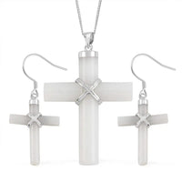 Doorbuster White Jade Cross Earrings and Pendant Necklace 18 Inches in Rhodium Over Sterling Silver 48.50 ctw