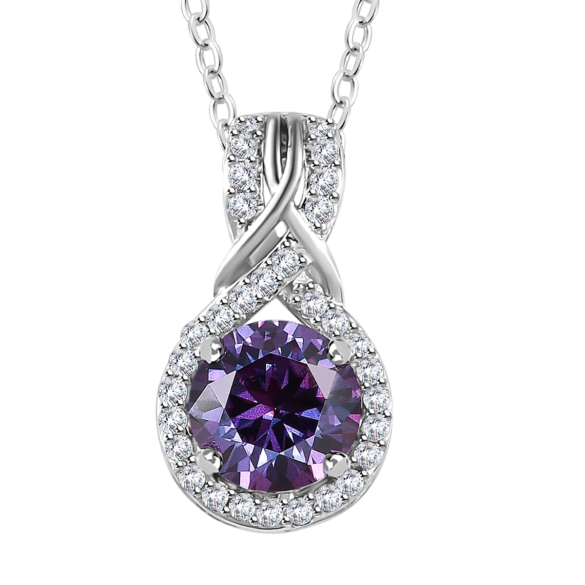 Royal Purple Moissanite and White Moissanite Pendant Necklace 20 Inches in Platinum Over Sterling Silver 1.15 ctw