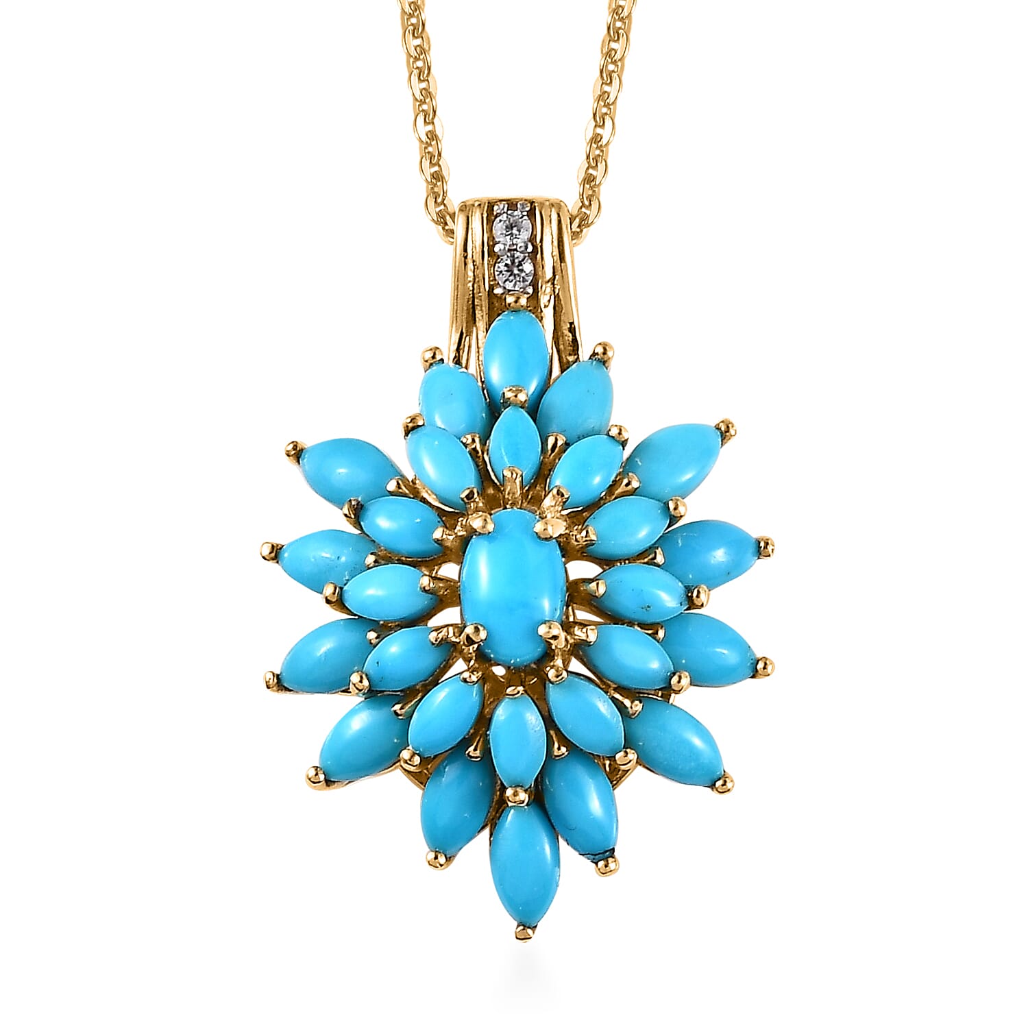 Sleeping Beauty Turquoise and White Zircon Floral Pendant Necklace 20 Inches in Vermeil Yellow Gold Over Sterling Silver 4.50 ctw
