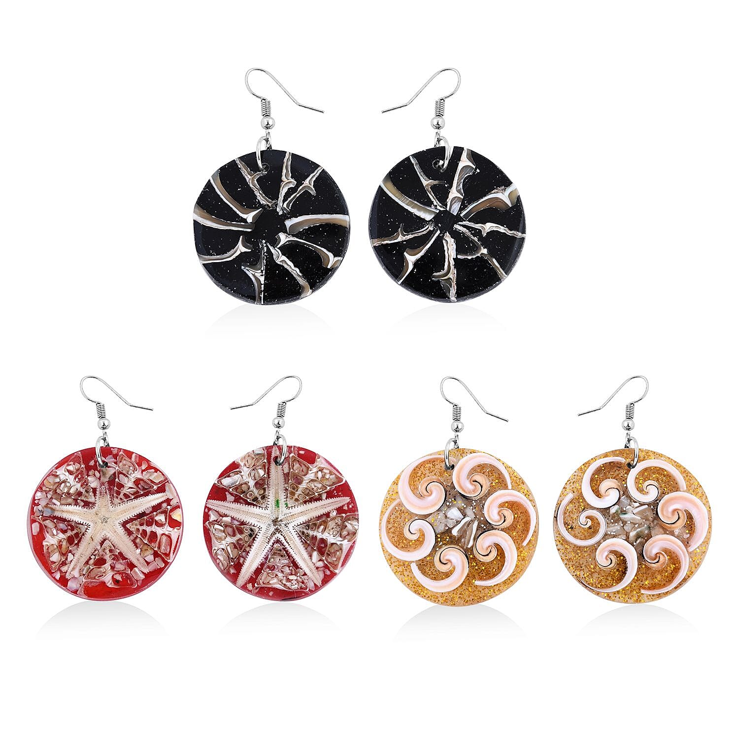 Set of 3 Resin Spider Net, Hurricane and Star Earrings in Sterling Silver