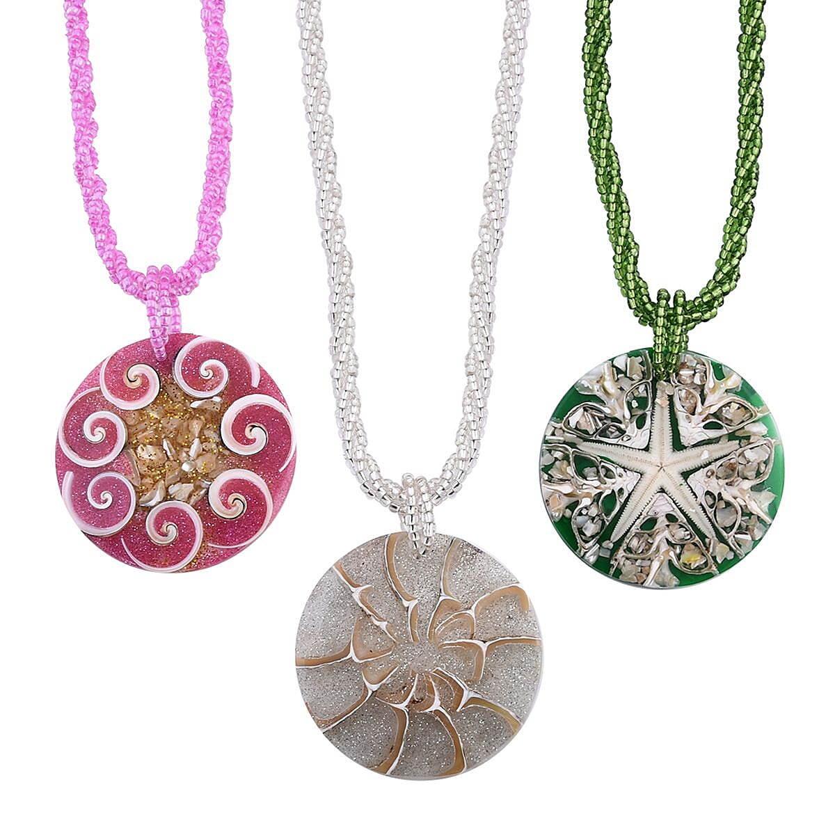 Multi Color Resin Pendant Set of 3 Spider Net, Hurricane, and Star Motif With Matching Seed Beads Necklace 20 Inches