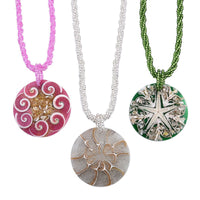 Multi Color Resin Pendant Set of 3 Spider Net, Hurricane, and Star Motif With Matching Seed Beads Necklace 20 Inches