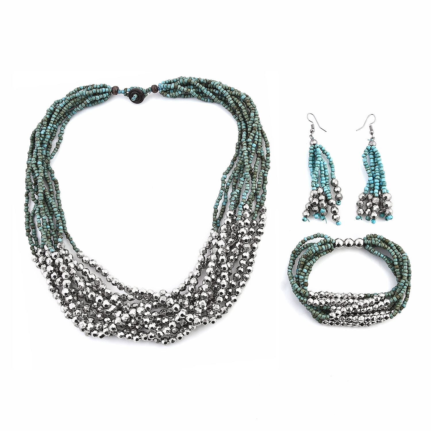 Turquoise Color Seed Beaded Multi Layer Bracelet and Necklace and Earrings in Sterling Silver